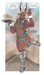 1boy 2019 alternate_version_available androgynous ass big_ass crossdressing dark-skinned_femboy dark-skinned_male dark_skin english_text femboy girly green_swimsuit green_swimwear looking_at_viewer male male_focus male_only nail_polish nails penis slingshot_swimsuit solo solo_male speech_bubble swimsuit swimwear thick_thighs trap vogol waitress wrist_cuffs