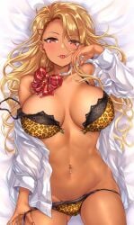 1girls 2021 absurdres animal_print blonde_hair bow bow_panties bowtie bra breasts breasts_day earrings eyebrows_visible_through_hair eyes_visible_through_hair fake_nails female female_focus female_only gyaru hair_between_eyes hair_ornament hair_over_one_eye hairclip highres jewelry kinjyou_(shashaki) kogal large_breasts leopard_print leopard_print_bra leopard_print_panties lightning_bolt_earrings long_hair looking_at_viewer loose_bowtie multiple_earrings nail_glitter navel navel_piercing open_clothes open_shirt original panties panty_tug piercing shashaki solo solo_female tan tongue tongue_out underwear undone_bra yellow_eyes