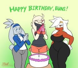 1boy 2girls anthro anthro_only anthrofied big_breasts breasts charlotte_(skwrlwrld) closed_eyes clothed clothing english_text eva(dewwydartz) female fur furry furry_only male nintendo pokémon_(species) pokemon raboot skwrlwrld tagme tail text thick_thighs trio