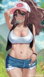 1girls 2022 alternate_breast_size arm_up artist_signature black_vest blue_eyes blurry_background blush booty_shorts breasts brown_hair cleavage donyta female female_only hat hilda_(pokemon) hips huge_breasts jean_shorts long_hair long_ponytail midriff nintendo outdoors pokemon pokemon_bw ponytail short_shorts shorts slim_waist smile tank_top thick_thighs thighs vest white_hat white_tank_top wide_hips