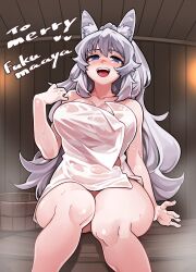 1girls animal_ear_fluff animal_ears arm_up bangs blue_eyes blush breasts bucket cleavage collarbone detailed_background eyebrows_visible_through_hair feet_out_of_frame fukumaaya indie_virtual_youtuber indoors large_breasts long_hair looking_at_viewer looking_up lumi_(merryweather) naked_towel open_hand open_mouth sauna shadow sharp_teeth sitting smile solo sweat tareme teeth thick_thighs thighs towel virtual_youtuber wolf_ears wolf_girl