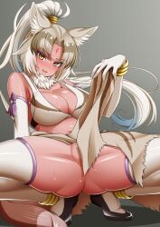 animal_ear_fluff animal_ears arm_at_side ass bare_shoulders blue_hair blush breasts brown_hair cleavage clothes_lift detached_collar elbow_gloves eyebrows_visible_through_hair facial_mark female female floating_hair forehead_mark fur_collar gloves grey_hair hand_up high_ponytail highres indian_wolf_(kemono_friends) kemono_friends large_breasts leaning_back lifted_by_self long_hair looking_at_viewer midriff morimasakazu multicolored_hair navel no_panties oerba_yun_fang open_mouth partially_visible_vulva reward_available sarong sarong_lift seductive_smile shiny shiny_skin shoes smile solo spread_legs squatting stomach strap_gap sweat tail tan teasing thighhighs thighs very_long_hair wolf_ears wolf_girl wolf_tail yellow_eyes