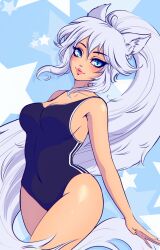 1girls big_ass big_breasts blue_eyes blush breasts female female_only indie_virtual_youtuber kuutuber_(artist) long_hair looking_at_viewer lumi_(merryweather) ponytail silver_hair smile solo swimsuit very_long_hair virtual_youtuber white_hair wide_hips wolf wolf_ears wolf_girl youtube