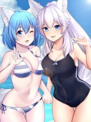 2d 2girls animal_ear_fluff animal_ears animation_meme_community bangs bare_shoulders big_breasts bikini blue_eyes blue_hair breasts cleavage collarbone day eyebrows_visible_through_hair female female_focus female_only highres holding_hands indie_virtual_youtuber interlocked_fingers long_hair looking_at_viewer lumi_(merryweather) multiple_girls navel ocean one_eye_closed open_mouth outdoors short_hair sidelocks simple_background striped striped_bikini swimsuit tagme tail thighs virtual_youtuber water white_hair wolf_ears wolf_girl wolf_tail wolfy wolfychu zeroyama