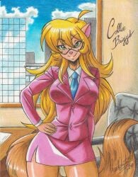 anthro blonde_hair breasts callie_briggs city clothed_female desk female glasses green_eyes office_chair office_lady ravern_clouk smiling smiling_at_viewer swat_kats tail thighs voluptuous