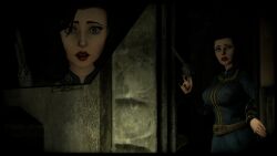 2022 3d bioshock bioshock_infinite computer electronics elizabeth_comstock fallout female firearm game_over grandmanaconda_(artist) gun handgun human no_artist_signautre no_source pale_skin pip-boy revolver vault_dweller vault_suit weapon wristwear