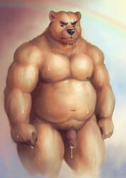 2022 anthro balls belly black_nose bodily_fluids brown_body genitals hi_res humanoid_hands kemono male male_only mammal meguru_salmon moobs musclegut navel nipples penis scar solo sweat ursid