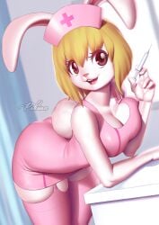 1girls 5_fingers anthro anthro_only arm_support artist_name bent_forward bent_over bent_over_table big_breasts black_pupils blonde_hair breast_squish breasts bunny bunny_ears bunny_tail carrot_(one_piece) cleavage clothed clothing detailed_background eyelashes eyelashes_visible_through_hair female female_only fully_clothed furry furry_female furry_only hair happy hare lagomorph lagomorph_humanoid leggings looking_at_viewer nurse nurse_cap nurse_uniform one_piece open_mouth pakwan008 pink_nose rabbit red_eyes short_hair solo solo_female syringe table tagme teeth teeth_showing tongue white_body white_sclera