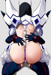 2girls anus_peek ass ass_focus back_view bakkanki big_ass cling female female_only gloves grey_background incest kill_la_kill kiryuuin_satsuki long_hair matoi_ryuuko multiple_girls satoriwappa simple_background sisters sitting_on_lap thick_thighs tomboy white_background yuri