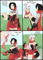 2futas alternate_universe animal_ears big_breasts black_hair breasts clone clothed clothing comic comic_page dialogue duo female fully_clothed futa_on_futa futa_only futanari human humanoid intersex kemonomimi light-skinned_futa light_skin multicolored_hair red_hair ruby_rose rwby silver_eyes text white_hair wolf_girl zronku
