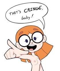 breasts cute dialogue freckles freckles_on_face glasses illymation miscon mob_face nonsexual_nudity nude pink_nipples pointing pointing_at_viewer red_hair round_glasses simple_background small_breasts solo solo_female tagme text that_is_cringe white_background youtube youtuber