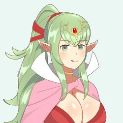 blush breasts cape cleavage collar edit facing_viewer female fire_emblem fire_emblem_awakening green_eyes green_hair high_heels high_ponytail highres jewelry large_breasts licking_lips long_hair looking_at_viewer milf naughty_face nintendo no_bra older orbiculare pink_cape pointy_ears ponytail smile solo source_request third-party_edit third_party_edit tiara tiki_(adult)_(fire_emblem) tiki_(fire_emblem) tongue tongue_out upper_body