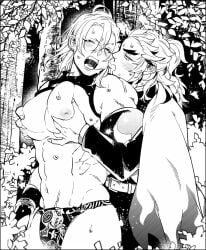 2boys big_breasts big_pecs blush closed_eyes demon_slayer fundoshi gay grabbing_from_behind groping groping_from_behind hair_down inverted_nipples kimetsu_no_yaiba kyu_717 male male_only monochrome muscular muscular_male open_mouth outside pec_grab pec_grasp pec_squeeze pecs pectoral_grab rengoku_kyoujurou shirt_up sweat thick_eyebrows uzui_tengen yaoi