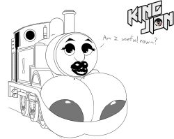 ambiguous_gender areola big_areola big_breasts black_and_white breasts cleavage clothed clothing fuck_up_shit hi_res kingfurryjion lips living_machine locomotive looking_at_viewer machine makeup mattel metal metallic_body monochrome nipple_slip rule_63 simple_background solo thick_lips thomas_and_friends thomas_the_tank_engine train vehicle white_background