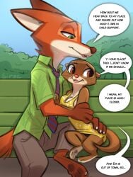 1boy 1girls anthro artist_name black_pupils blue_sky brown_body brown_nose bushes canine canine_humanoid clothed clothing comic dress eyebrows female fox fox_humanoid furry furry_female furry_male furry_only green_eyes green_iris hand_on_another's_chest holding_partner looking_at_partner looking_away male mammal mammal_humanoid mrs._otterton nick_wilde open_mouth orange_body orange_eyes orange_iris otter panties pants pawpads paws pink_nose siroc sitting sitting_on_bench size_difference sky tagme tail teeth teeth_showing text text_bubble tie whiskers white_body white_sclera zootopia