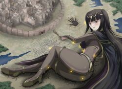 1girls army ass battle bodystocking breasts city dark_hair feet female female_only fire_emblem fire_emblem_awakening full_bodystocking giantess high_heels hips long_hair looking_at_viewer nintendo pale-skinned_female pale_skin purple_eyes siege smile solo tharja_(fire_emblem) thedaibijin video_games wall