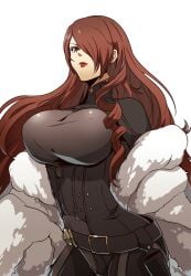 1girls atlus big_breasts black_bodysuit bodysuit breasts female female_only fur_coat huge_breasts igusaharu large_breasts lipstick megami_tensei mitsuru_kirijo persona persona_3 persona_4:_the_ultimate_in_mayonaka_arena persona_4_arena red_eyes red_hair solo tagme white_background