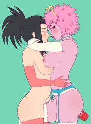 2girls afro antennae babyserval_(artist) big_breasts black_hair blue_garter_belt blush breasts_touching closed_eyes clothed clothing dildo_sitting elbow_gloves female female_only garter_belt human humanoid lesbian light-skinned_female light_skin lingerie mina_ashido momo_yaoyorozu mostly_nude multiple_girls my_hero_academia nipples pink_hair ponytail pussy_on_thigh red_gloves red_thighhighs thighhighs wet_pussy white_choker white_gloves white_thighhighs yuri