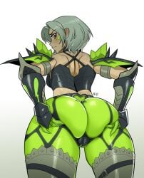 armor armored_gloves ass ass_focus ass_grab astalos big_ass black_clothing blush cameltoe clothed clothing drawsloods eyebrows eyebrows_visible_through_hair female female_focus female_only functionally_nude green_clothing gureko11 hair hands_on_ass human light-skinned_female light_skin looking_back looking_down monster_hunter pussy pussy_visible_through_clothes shoulder_armor shoulder_blades small_breasts stockings tight_clothing tight_fit vagina white_hair