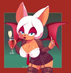 2022 absurd_res anthro apple bat_wings beverage breasts chiropteran cleavage clothed clothing colored_nails container cup eyeshadow female green_eyes hair hi_res holding_object legwear lipstick makeup mammal membrane_(anatomy) membranous_wings nails necktie rouge_the_bat scittykitty sega solo sonic_(series) sonic_the_hedgehog_(series) tan_body tan_skin tie white_hair wings_folded