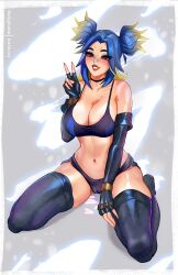 big_breasts blue_hair merellyne neon_(valorant) peace_sign thick_thighs thighhighs valorant