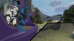 2d alien_girl elite_(halo) female_sangheili halo_(series) huge_ass huge_breasts hyper_balls hyper_penis male_sangheili_(halo) sangheili stomach_bulge theimperialis veiny_penis weapon