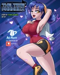 1girls ax3lbravo big_breasts blue_hair blush busty comic comic_cover ethan_(pokemon) gender_transformation genderbend kris_(pokemon) labcoat pokemon shorts sideboob wink