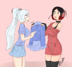 2girls black_and_red_hair female female_only gift headphones jacket multicolored_hair multiple_girls ruby_rose rwby silver_eyes two_tone_hair weiss_schnee white_hair zipper zronku