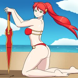 1girls ass barefoot beach bikini bikini_bottom bikini_top circlet earrings feet female green_eyes high_ponytail light_skin long_hair looking_at_viewer miló_(rwby) o-ring o-ring_bikini o-ring_bottom ocean outdoors outside pale_skin ponytail pyrrha_nikos red_bikini red_hair rwby sealllll shiny_hair shiny_skin sideboob smile solo solo_focus sunshine sword tagme thong thong_bikini weapon white_skin