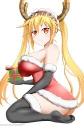 big_breasts black_legwear breasts christmas_outfit dragon_girl female kimmy77 miss_kobayashi's_dragon_maid monster_girl orange_eyes present santa_dress tohru_(dragon_maid)