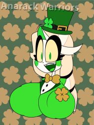 1girls anarack big_breasts blonde_hair brown_clothing charlie_morningstar_(hazbin_hotel) female female_only four_leaf_clover green_clothing green_eyes hazbin_hotel huge_breasts saint_patricks_day straight_hair tagme top_hat