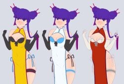 1girls alternate_costume babyserval_(artist) bangs china_dress cleavage clothed clothing double_bun elbow_gloves female female_only fully_clothed glitch_techs gloves human light-skinned_female light_skin miko_kubota petite purple_hair side-tie_panties smooth_skin solo standing wide_hips