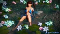 1girls 3d 3d_(artwork) 3dloveandpeace brown_eyes brown_hair dead_or_alive detached_sleeves female female_only flower large_breasts lei_fang lily_pad looking_at_viewer revealing_swimsuit sitting_in_water twintails wet