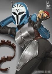 1girls armor armour ass ass_up belt bo-katan_kryze commission cuirass female food gauntlets helmet holding_food looking_at_viewer lucasfilm lying lying_down mandalorian mask masked nazreizo_(artist) pinup pose presenting star_wars taco text the_mandalorian