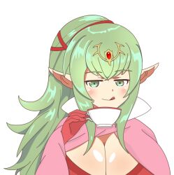 1girls blush breasts cape cleavage collar cup edit facing_viewer female fire_emblem fire_emblem_awakening green_eyes green_hair high_heels high_ponytail highres jewelry large_breasts licking_lips long_hair looking_at_viewer milf naughty_face nintendo no_bra older orbiculare pink_cape pointy_ears ponytail smile smug solo teacup tiara tiki_(adult)_(fire_emblem) tiki_(fire_emblem) tongue tongue_out upper_body