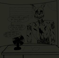 1boy 2022 animatronic anthro being_watched dialogue digital_drawing_(artwork) digital_media_(artwork) dirty_talk english_text five_nights_at_freddy's five_nights_at_freddy's_3 hi_res lagomorph leporid looking_at_another looking_at_viewer machine male male_only mammal monochrome parvus rabbit robot scottgames solo speech_bubble springtrap springtrap_(fnaf) text video_games voyeur