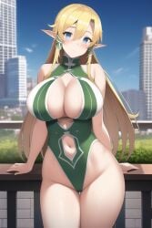 1girls ai_generated alluring bikini blonde_hair city cleavage female green_eyes hotel_balcony leafa nai_diffusion nightcore_(artist) outside pointy_chin stable_diffusion sword_art_online