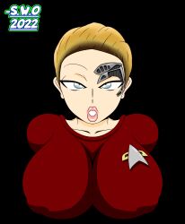 2022 bimbo borg_(species) clothed collarbone cyborg female huge_breasts humanoid implants looking_at_viewer nipple_bulge open_mouth seven_of_nine solo star_trek star_trek_voyager starfleet_insignia super_weird_one