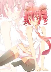 2daybreak3 ahoge blush bow_panties kasane_teto looking_at_viewer navel necktie no_pants no_shoes panties pink_eyes pink_hair pink_panties striped_panties tagme thighhighs twin_drills utau vertical_stripes