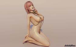 1girls 3d dead_or_alive female female_only g-string honoka_(doa) huge_breasts kneeling looking_at_viewer lullabysiren65 pink_hair red_eyes revealing_clothes sling_bikini solo voluptuous wink