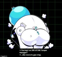 1girls air_inflation belly_expansion deltarune english_text fat female female_only full_body_inflation fwoompcrrkpop inflation solo spherical_inflation sunken_head sunken_limbs tail_inflation tasque_manager_(deltarune) text