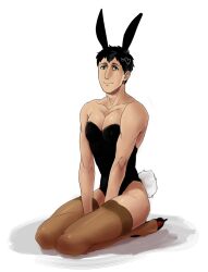 alternate_costume attack_on_titan bertolt_hoover black_hair bunny_ears bunny_tail bunnysuit cleavage crossdressing full_body high_heels looking_at_viewer male male_only male_playboy_bunny nene_(10575936) nylons sheer_legwear sitting smile solo tan_skin thighhighs trenotown