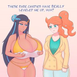 alternate_breast_size baosart big_breasts bikini black_hair blue_hair breast_expansion dark-skinned_female dark_skin female game_freak huge_breasts nessa_(pokemon) nintendo orange_hair pokemon pokemon_(game) pokemon_ss rare_candy sonia_(pokemon) tagme text