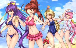 2d 4girls beach big_breasts bikini blazblue blonde_hair breasts brown_hair byakkun celica_a_mercury clothes clothing female female_focus female_only highres kokonoe lambda-11 long_hair mai_natsume multiple_girls pink_hair ponytail purple_hair swimsuit tagme thighs