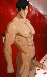 abs bara biceps black_hair gay haikyuu!! hydaria kuroo_tetsurou male_focus male_only muscle muscular muscular_male pants pectoral_grab short_hair shorts smile tagme toned toned_male yaoi