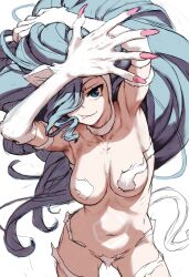 biting_lip blue_eyes blue_hair capcom cat_ears cat_tail catgirl darkstalkers felicia_(darkstalkers) fit fit_female hair_over_one_eye kemonomimi large_breasts looking_at_viewer oono_tsutomu pose skimpy small_breasts smile tan_skin vampire_savior white_fur