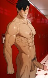 bara biceps black_hair gay haikyuu!! hydaria kuroo_tetsurou male_focus male_only muscular muscular_male pants pectoral_grab short_hair shorts smile tagme toned toned_male yaoi