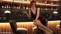 3d alcohol bar clothed clothing dress glasses large_breasts looking_at_viewer milf pinup red_dress seated sitting slushe_(website) zavijava