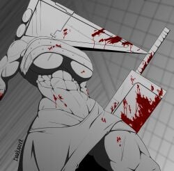 abs apron bandeau big_breasts blood blood_stain darkayzek female female_only genderswap_(mtf) helmet low-angle_view muscular muscular_female pyramid_head restricted_palette rule_63 rule_63 scars silent_hill solo thick_thighs underboob weapon