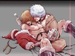 2boys alternate_costume brown_hair cake christmas christmas_outfit collar convenient_censoring eating food food_play gay gintama gintoki_sakata hair_over_eyes hattori_zenzou licking_lips looking_away male male_only open_clothes santa_costume sheet_grab spread_legs white_hair yaoi